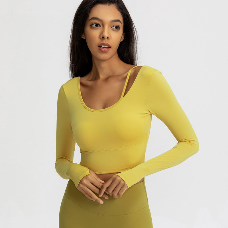 Yellow fitted yoga top for women, long sleeves, scoop neck