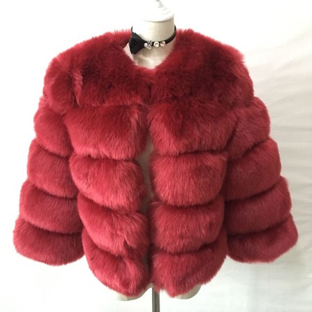 Women's mink fur coat, deep red quilted fur blocks and long sleeves