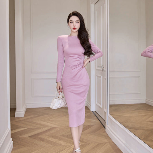 Pink cashmere knitted dress, long-sleeve fitted midi with round neckline and side ruching