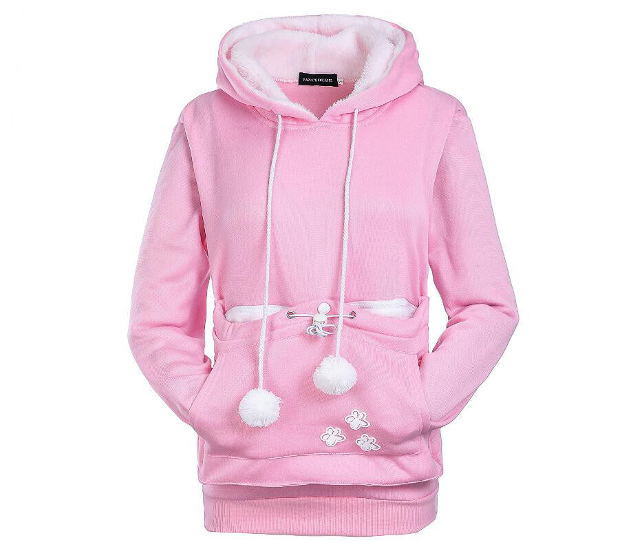 Women’s pink cat hoodie with hood, pom-pom drawstrings, front pocket, paw prints