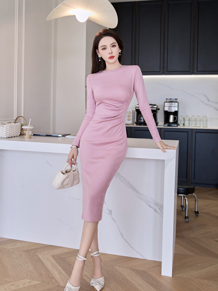 Pink cashmere knitted dress, long-sleeve pencil midi with gathered waist