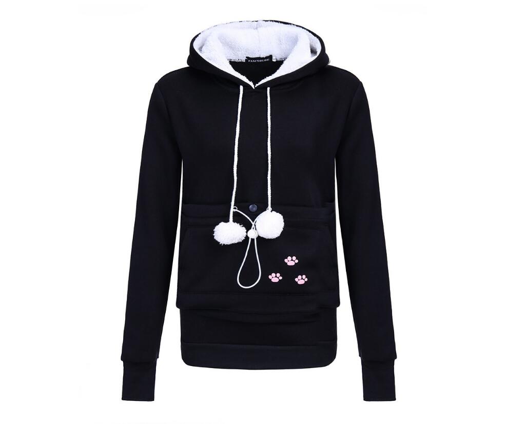 Women’s black cat hoodie with hood, long drawstring with pom-poms, paw print