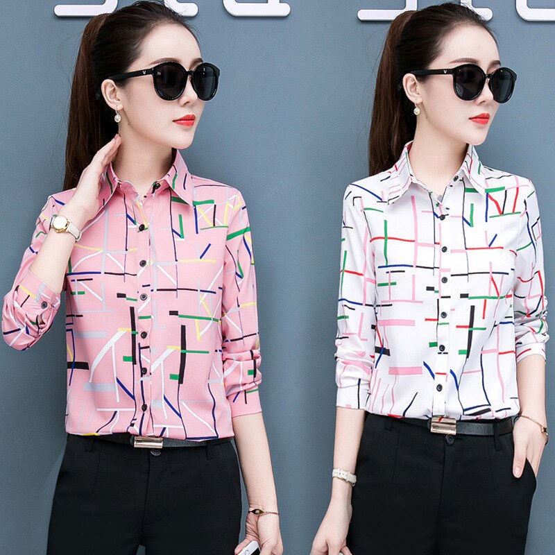 Women’s chiffon shirt top, pink and white geometric prints, button-front, long sleeves, collared