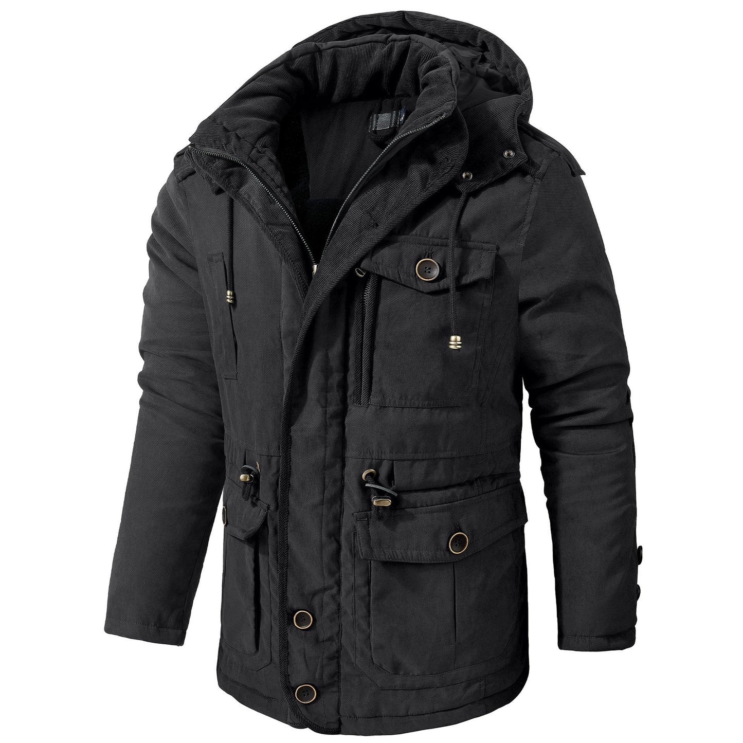 Black hooded parka coat with fleece lining, mid-length length, snap flap chest pocket.