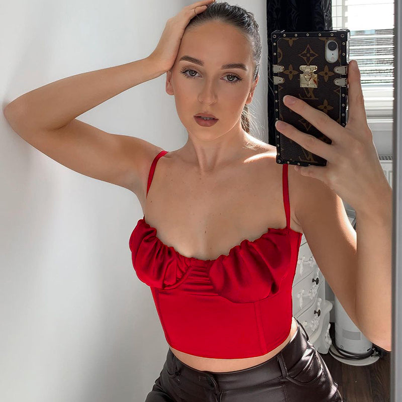 Red U-neck chest strap crop top with thin straps and ruched bust