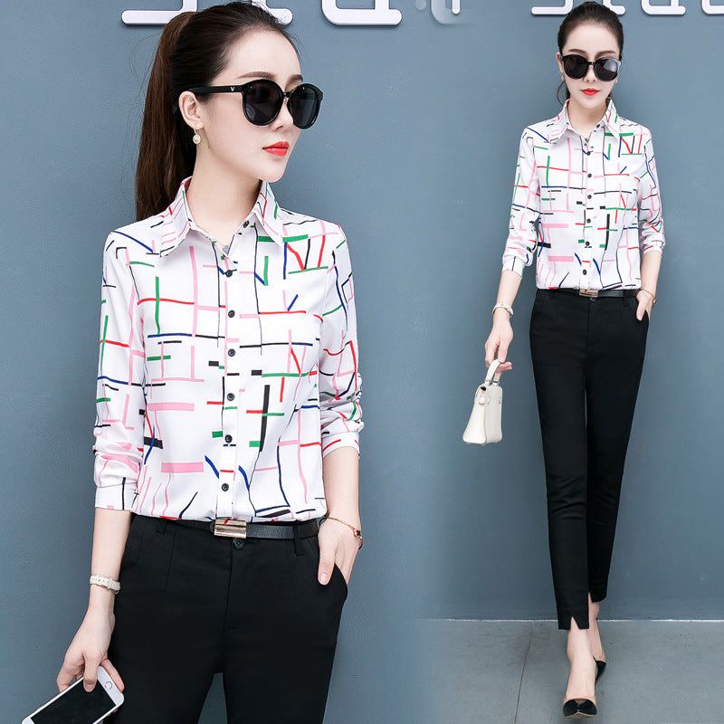 Women’s chiffon shirt top, white with geometric print, button-front, long sleeves, collared