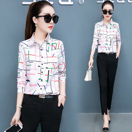 Women’s chiffon shirt top, white with geometric print, button-front, long sleeves, collared