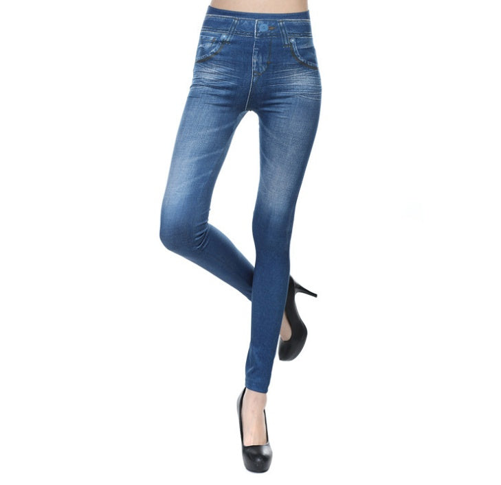Blue denim jean leggings for women with slim fit and curved knee seams