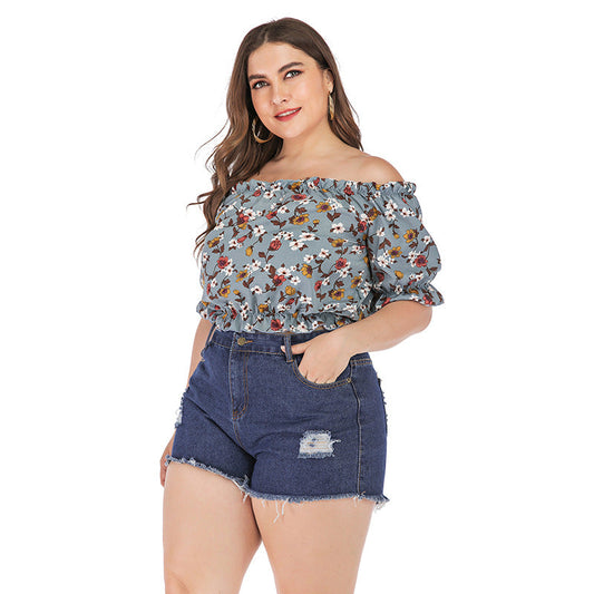 Off-shoulder floral top in grey blue with puff sleeves and gathered neckline