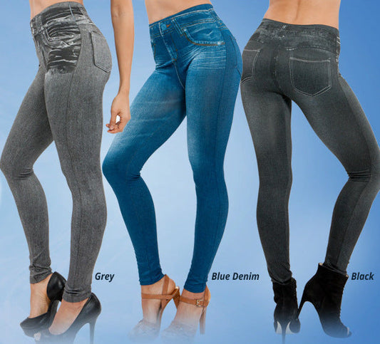 Women’s jean leggings set in grey, blue denim, and black with distressed denim wash