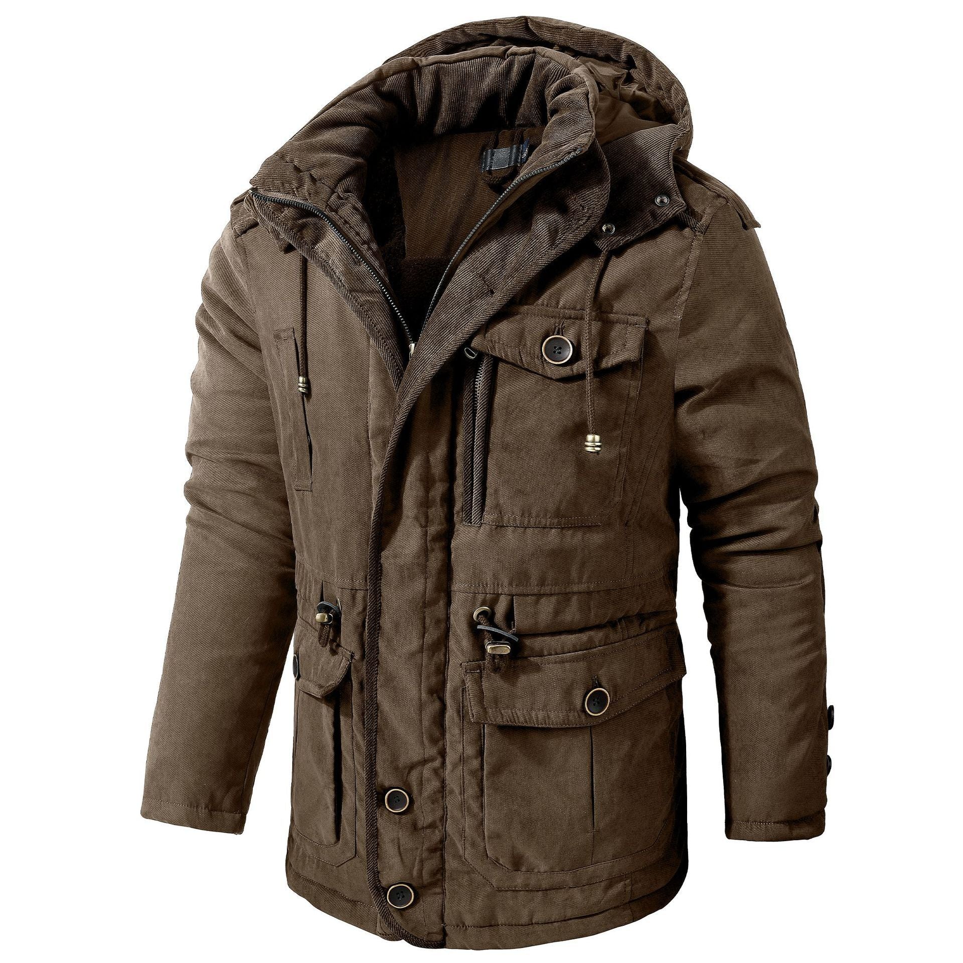 Brown hooded winter coat with fleece lining, mid-length parka, front flap and zip pockets.