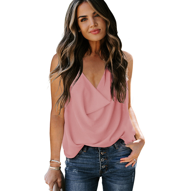 Women’s chiffon tank top, dusty pink, V-neck with flowing drape