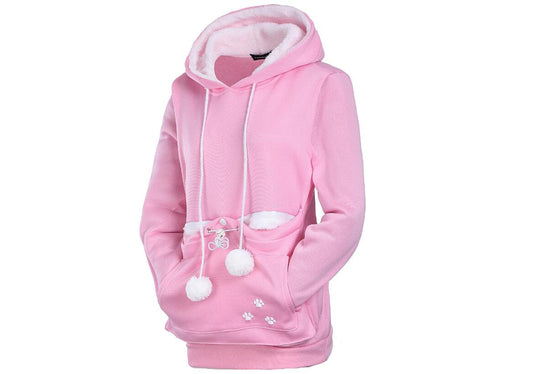 Women’s pink cat hoodie with hood, drawstrings, pom-pom details, front pocket