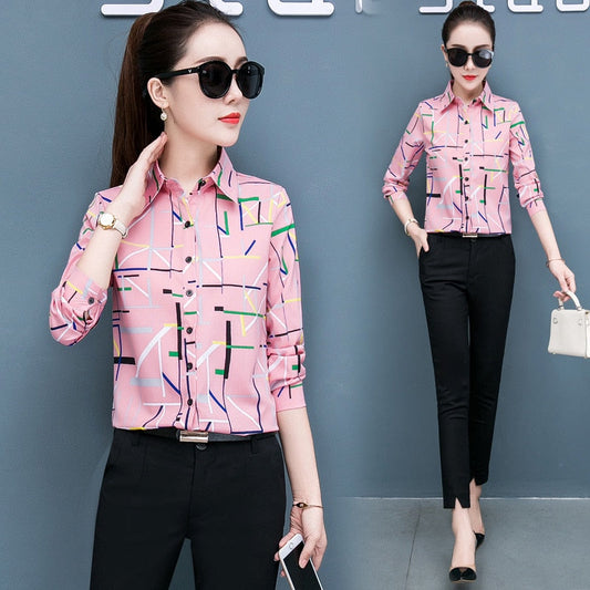 Women’s chiffon shirt top, pink geometric print, button-front, long sleeves, collared