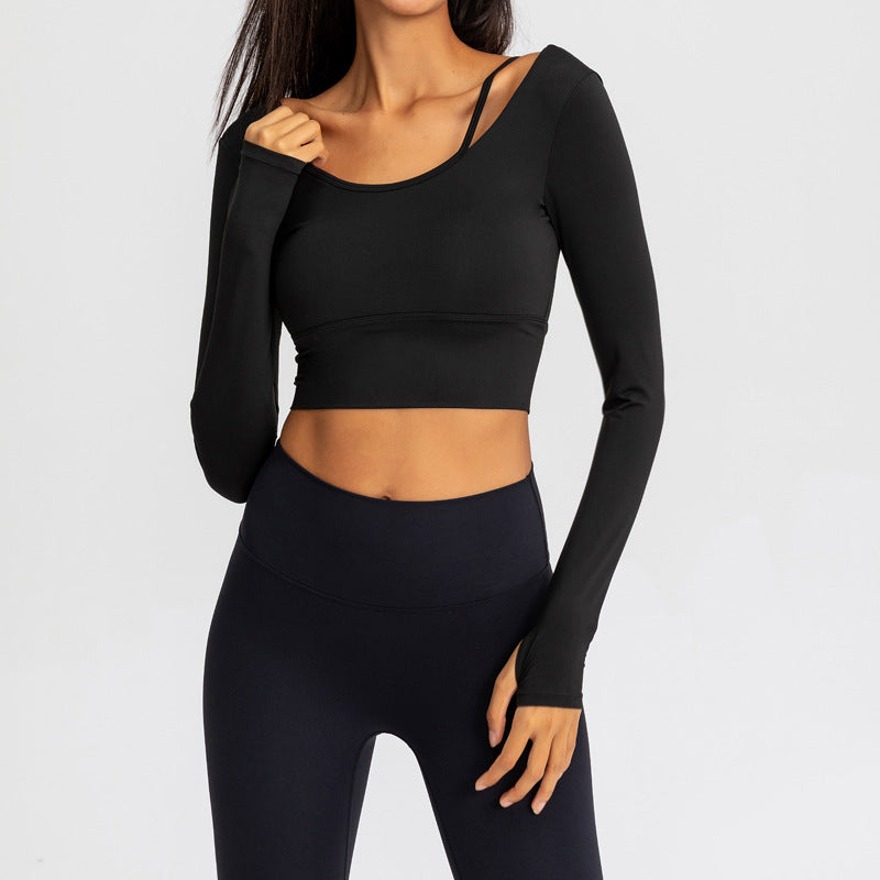 Black long-sleeve yoga top, scoop neck, cropped fit