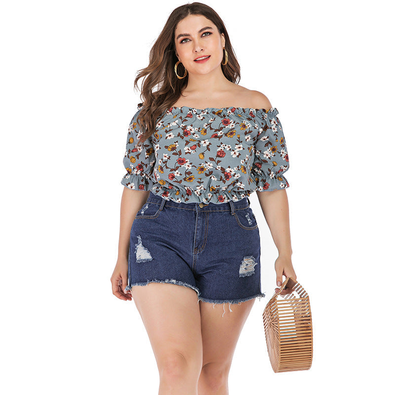 Grey blue off-shoulder floral blouse with puff sleeves and gathered neckline