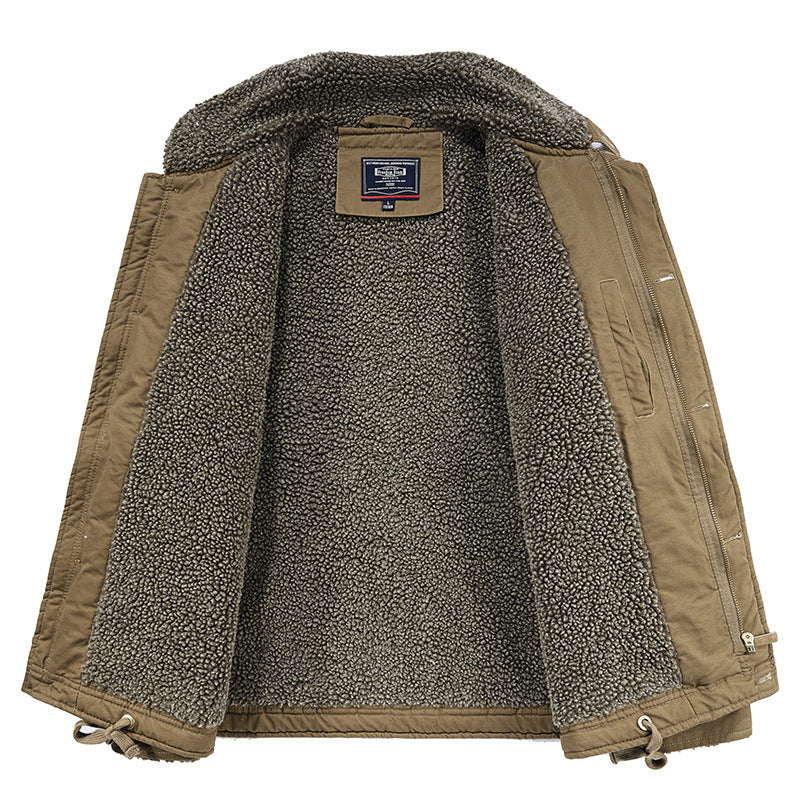 Men’s brown cotton jacket with lamb wool fleece lining, sherpa collar, and button front