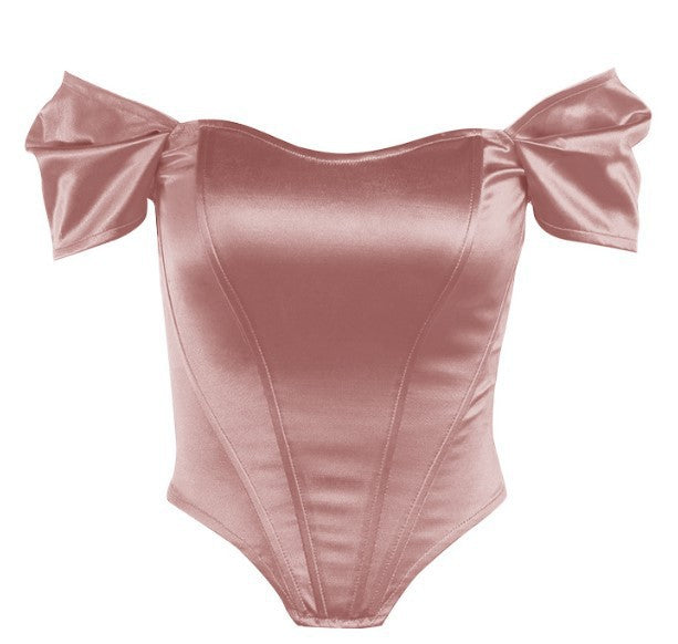 Pink corset tube top with off-shoulder puff sleeves and structured corset stitching
