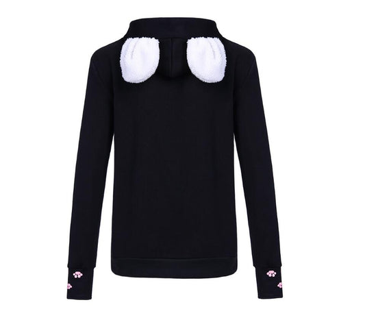 Women’s black cat hoodie with hood, white ear patches, front pocket
