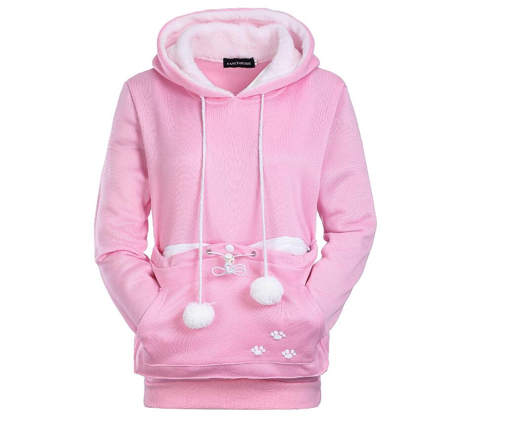 Women’s pink cat hoodie with hood, drawstrings, front pocket and paw print