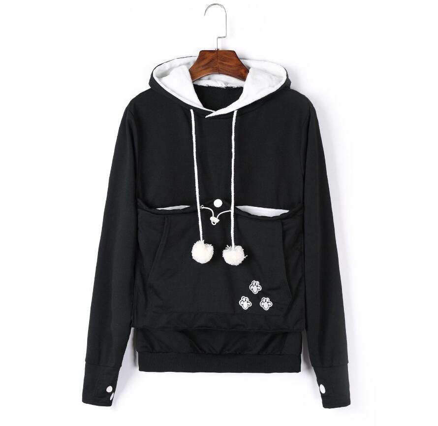 Women’s black cat hoodie with hood lining, drawstrings, front pocket and paw print