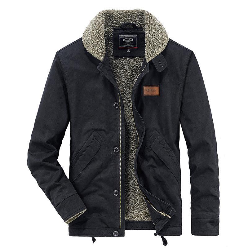 Men’s black cotton jacket with lamb wool fleece lining, sherpa collar, and button front