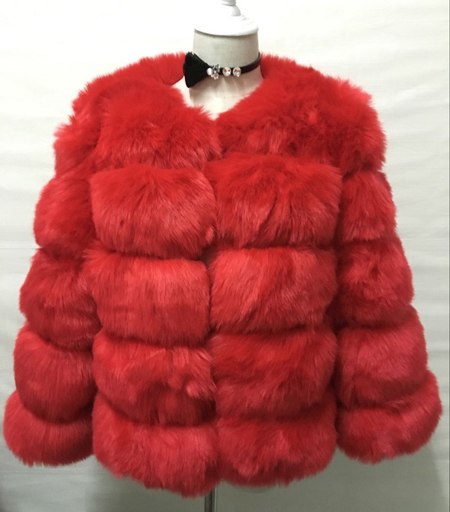 Women's mink fur coat, red chunky panel design with long sleeves