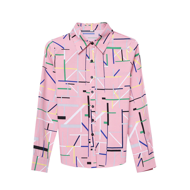 Women’s chiffon shirt top, pink geometric print, button-front, long sleeves, collared