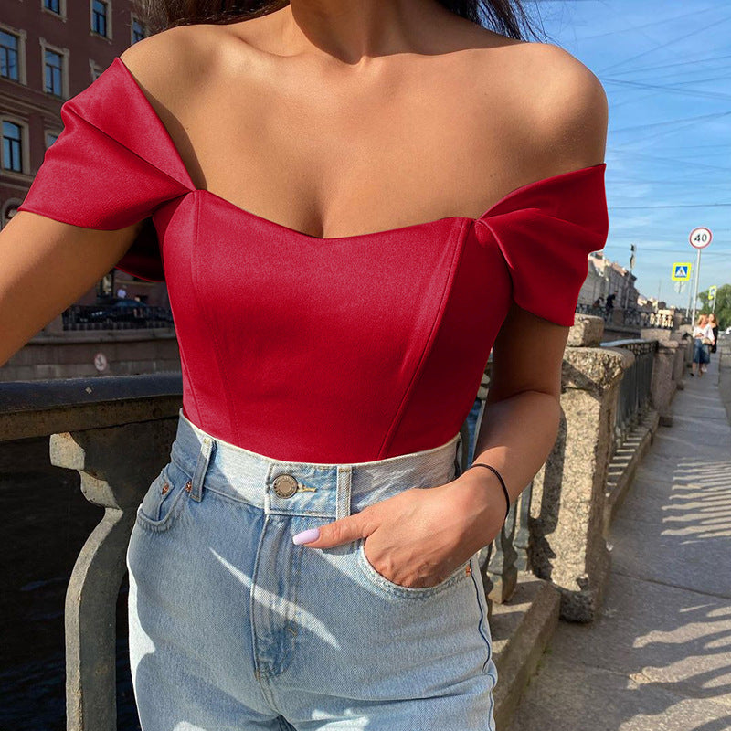 Red corset tube top with off-shoulder puff sleeves and sweetheart neckline