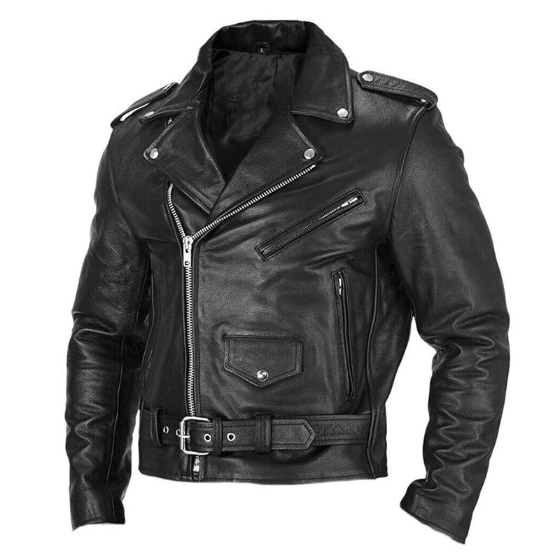Men's black PU leather motorcycle jacket with asymmetrical zip and belt.