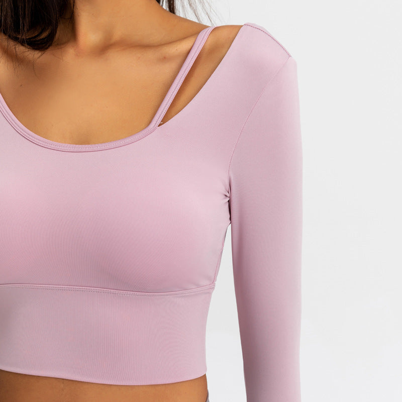 Lilac-pink long-sleeve yoga top, wide scoop neck, cropped