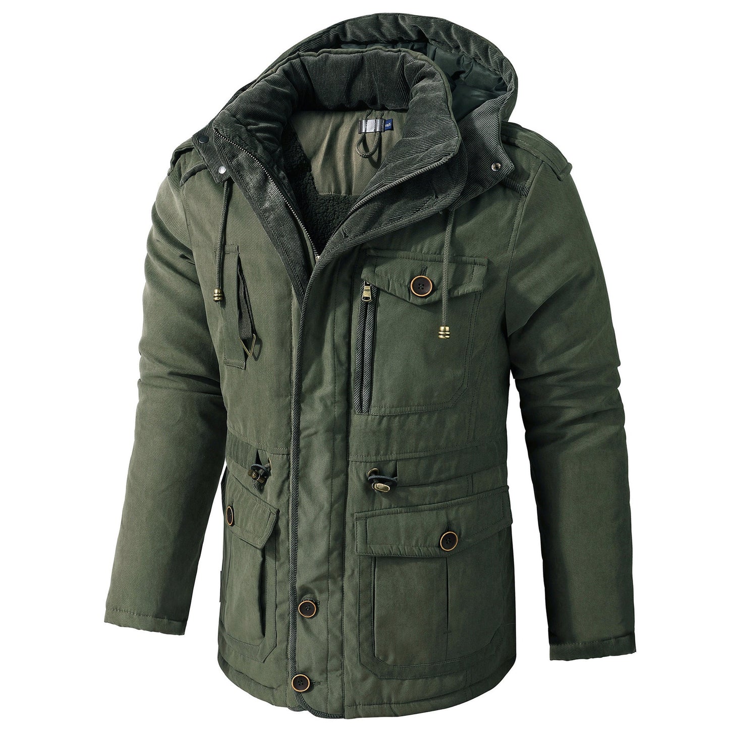 Dark green hooded winter parka with fleece lining, mid-length coat, front flap pockets.