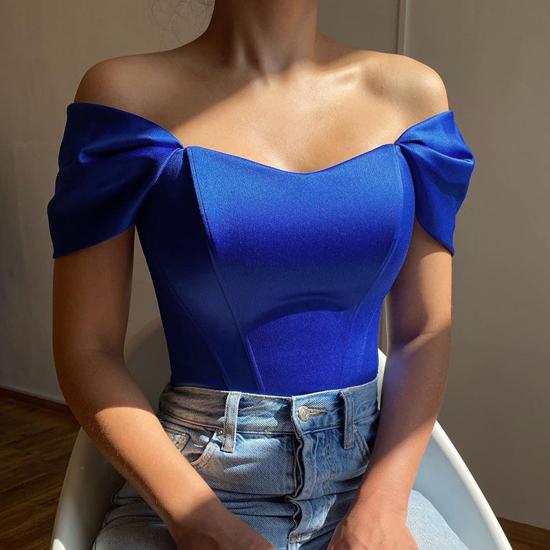 Blue corset tube top with off-shoulder puff sleeves and sweetheart neckline