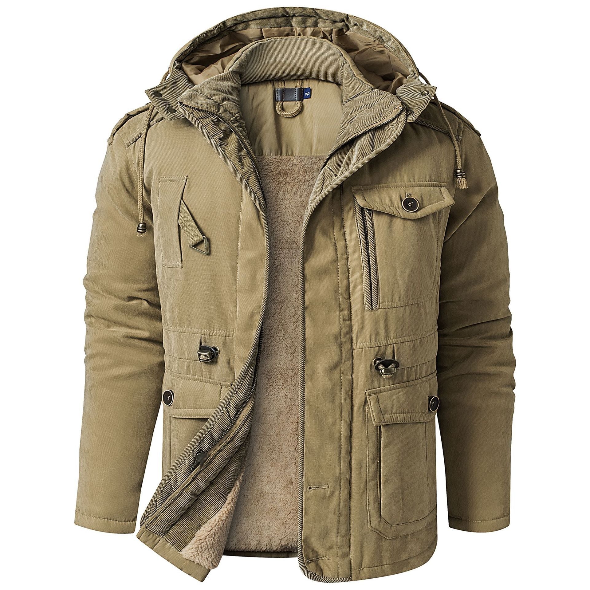 Tan hooded winter coat with fleece lining, mid-length parka, zip and snap pockets.