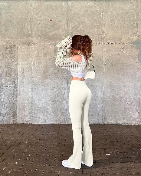 Women’s casual yoga pants, white, flared wide-leg silhouette