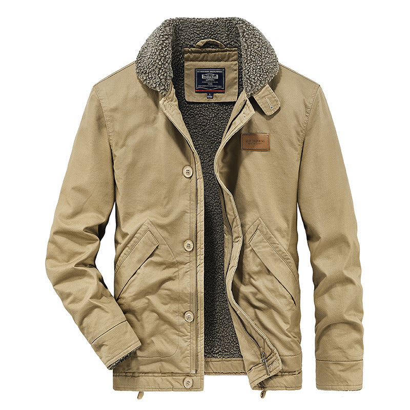 Men’s khaki cotton jacket with lamb wool fleece lining and sherpa collar, button front
