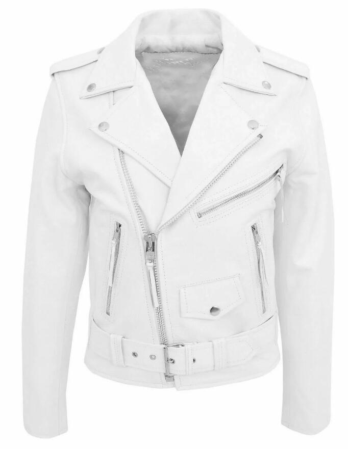 Men's white PU leather motorcycle jacket with lapels, zip pockets, and waist belt.