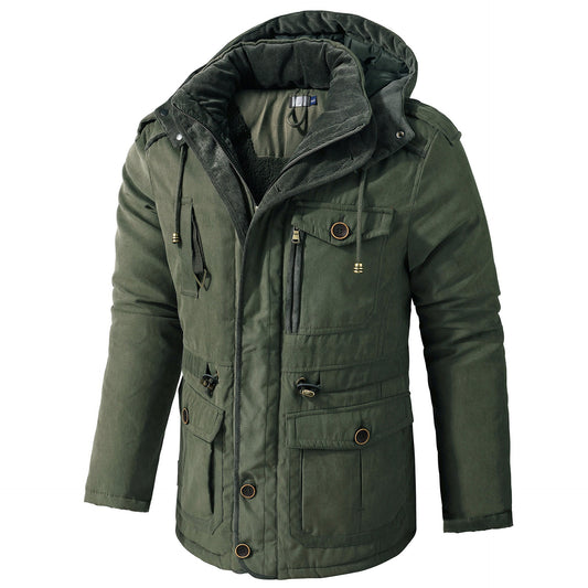 Dark green hooded winter coat, fleece-lined interior, mid-length, front flap pockets.
