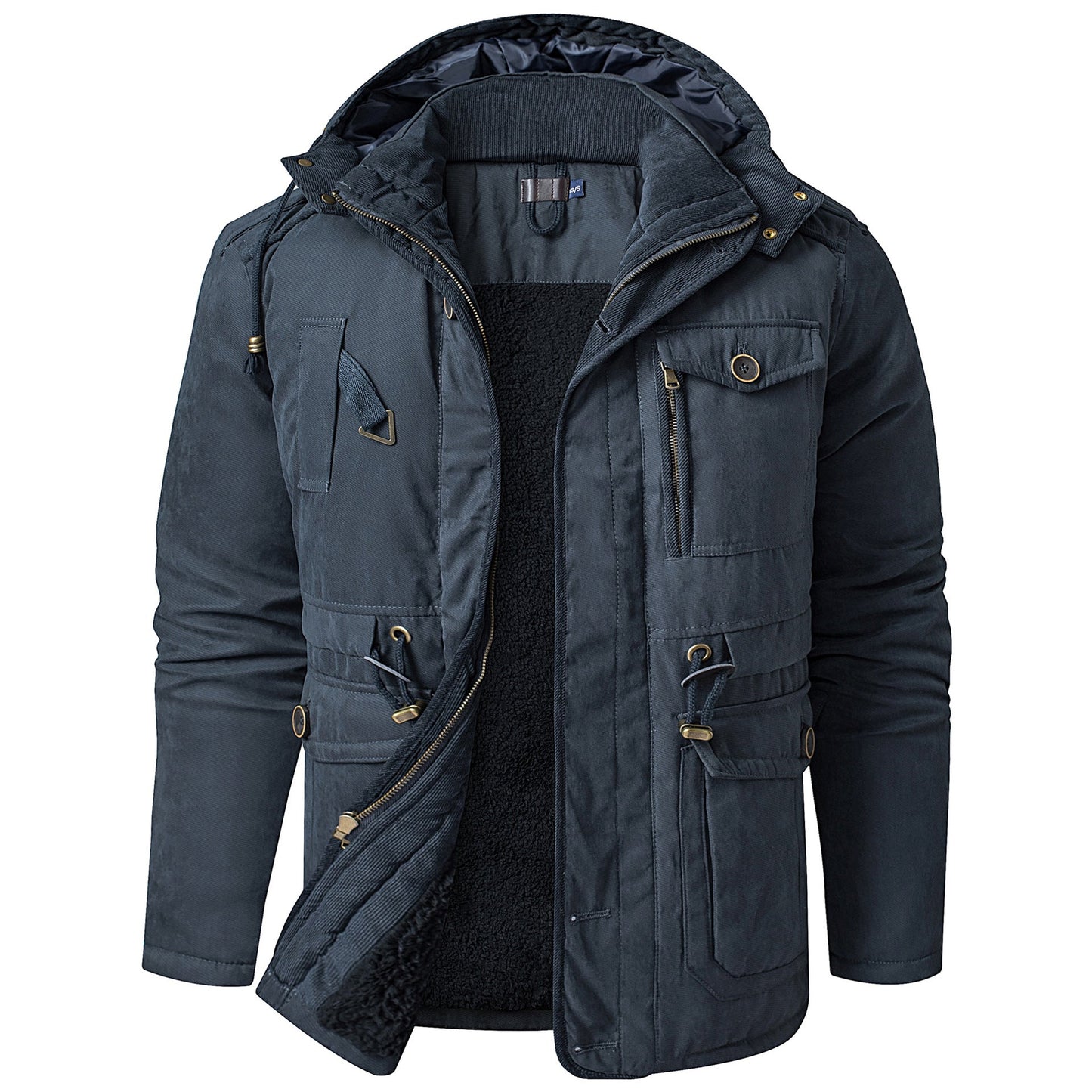 Navy hooded winter coat with fleece lining, mid-length parka, front zip and snap pockets.