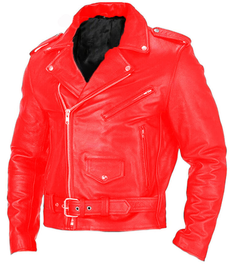 Men's red PU leather motorcycle jacket with asymmetrical front zip and belt.