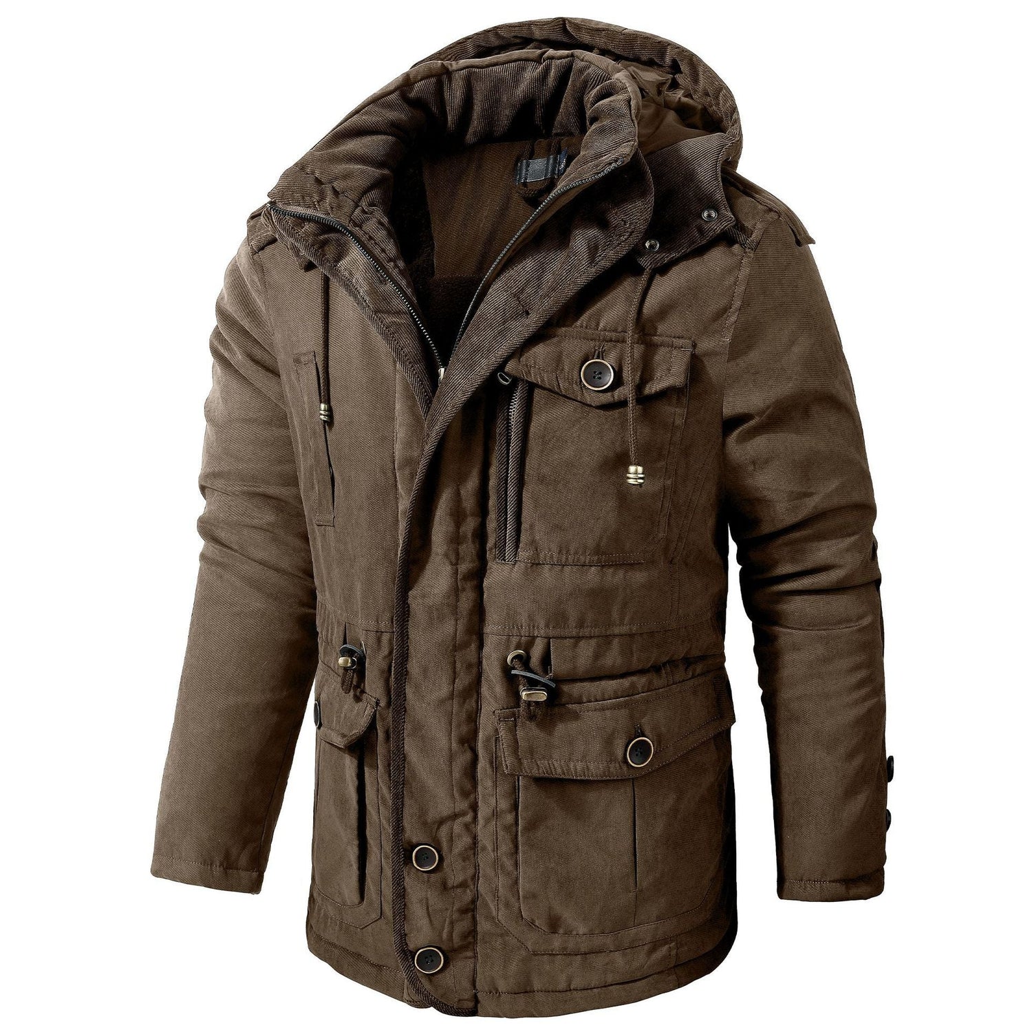 Men's fleece-lined hooded winter coat, mid-length, dark brown with front pockets