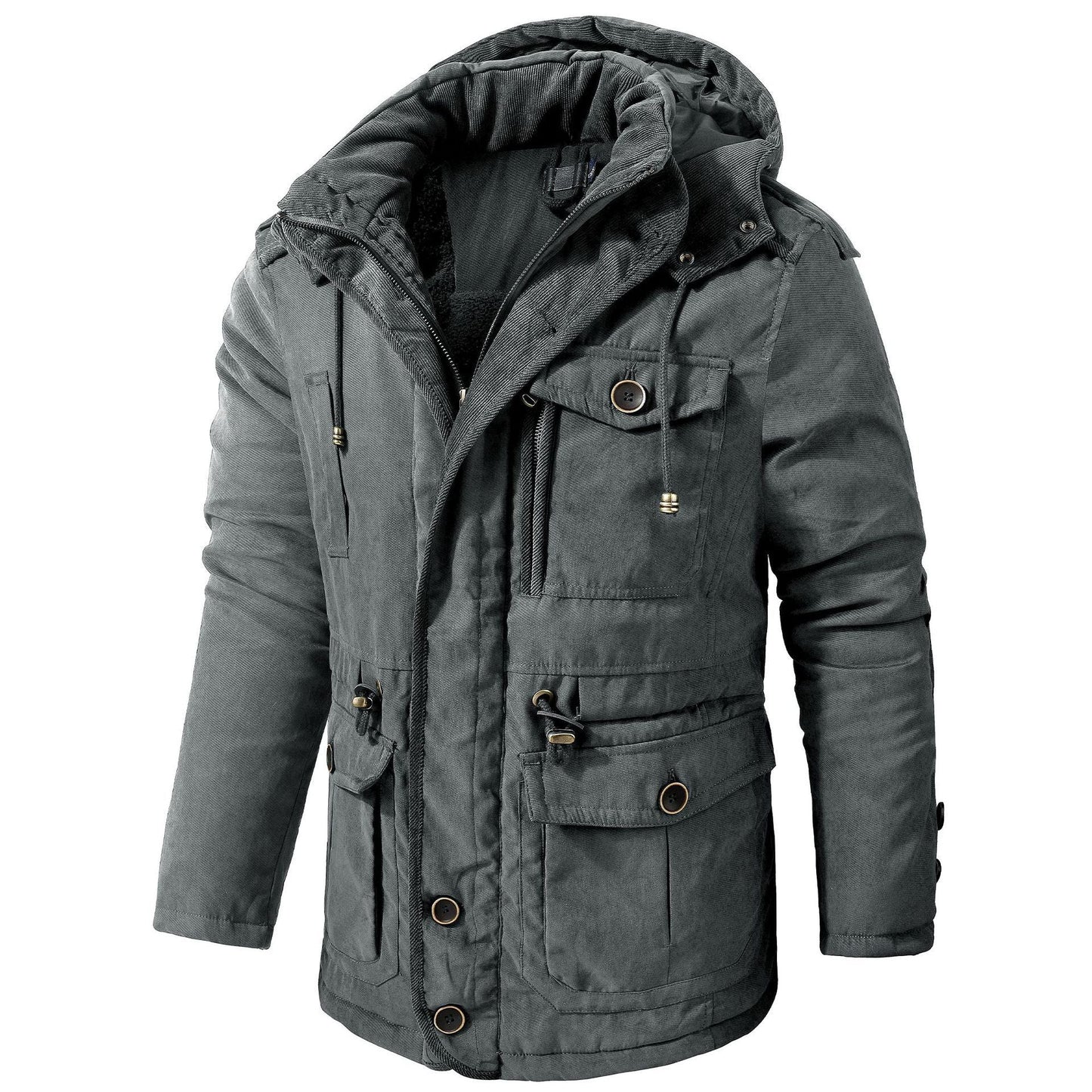 Gray-green hooded winter coat with fleece lining, mid-length parka, front utility pockets.