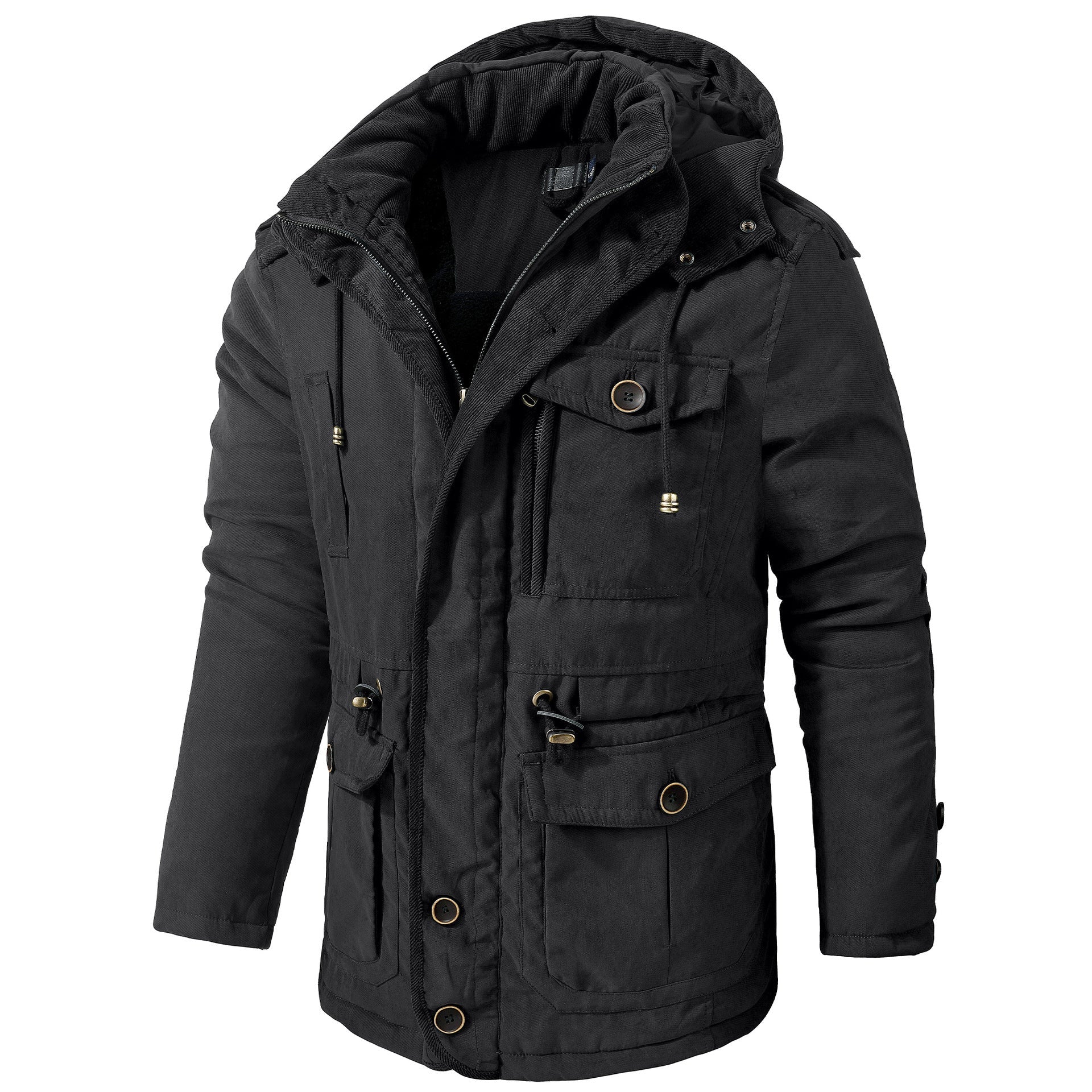 Black hooded winter coat with fleece lining, mid-length parka, front flap pockets.